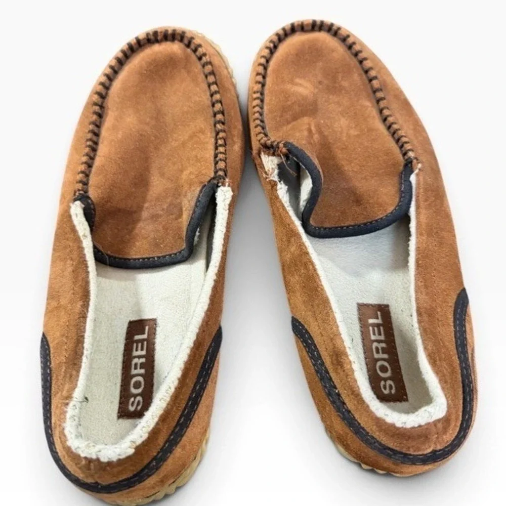 Sorel Mens Nakiska Suede Slippers British Tan Faux Fur Moccasins NM2025-242 9